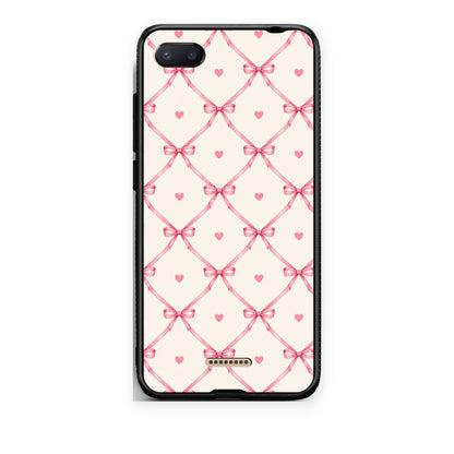 Θήκη Xiaomi Redmi 6A Pink Bow Lattice and Hearts on Cream από τη Smartfits με σχέδιο στο πίσω μέρος και μαύρο περίβλημα | Xiaomi Redmi 6A Pink Bow Lattice and Hearts on Cream case with colorful back and black bezels