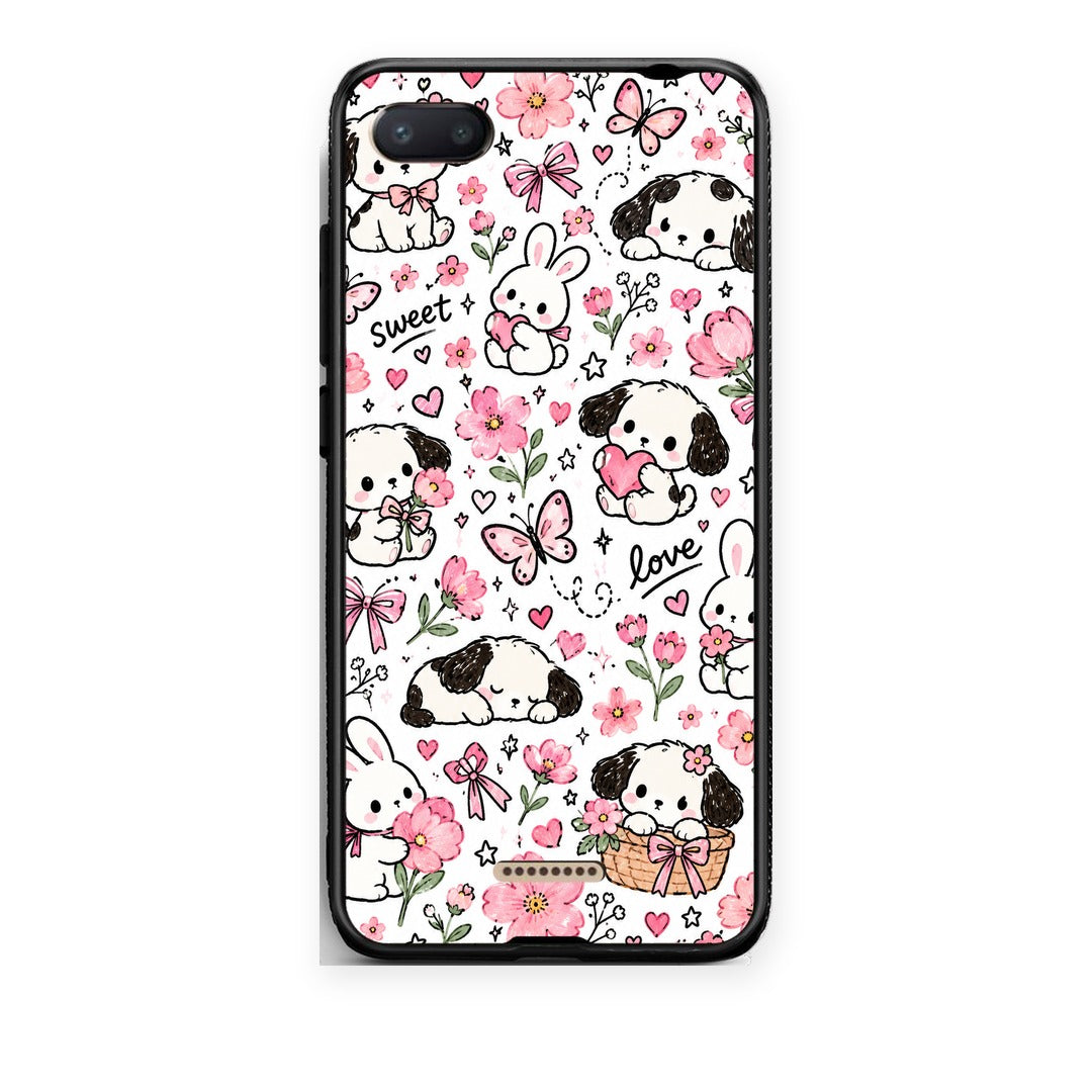 Θήκη Xiaomi Redmi 6A Pink Florals Puppies and Bunnies on White από τη Smartfits με σχέδιο στο πίσω μέρος και μαύρο περίβλημα | Xiaomi Redmi 6A Pink Florals Puppies and Bunnies on White case with colorful back and black bezels