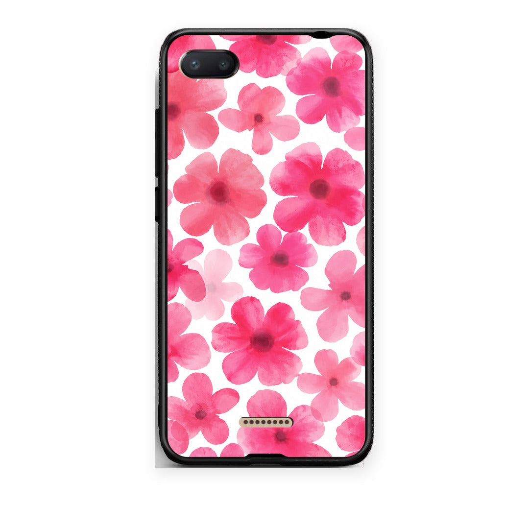 Θήκη Xiaomi Redmi 6A Pink Watercolour Flowers on White από τη Smartfits με σχέδιο στο πίσω μέρος και μαύρο περίβλημα | Xiaomi Redmi 6A Pink Watercolour Flowers on White case with colorful back and black bezels