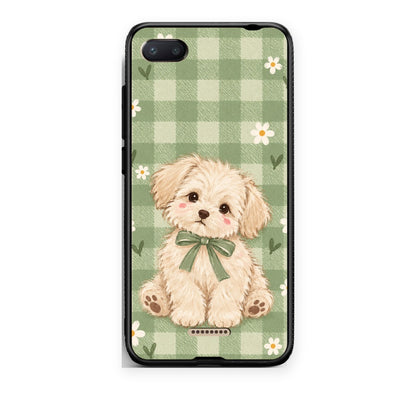 Θήκη Xiaomi Redmi 6A Puppy and Daisies on Sage Gingham από τη Smartfits με σχέδιο στο πίσω μέρος και μαύρο περίβλημα | Xiaomi Redmi 6A Puppy and Daisies on Sage Gingham case with colorful back and black bezels
