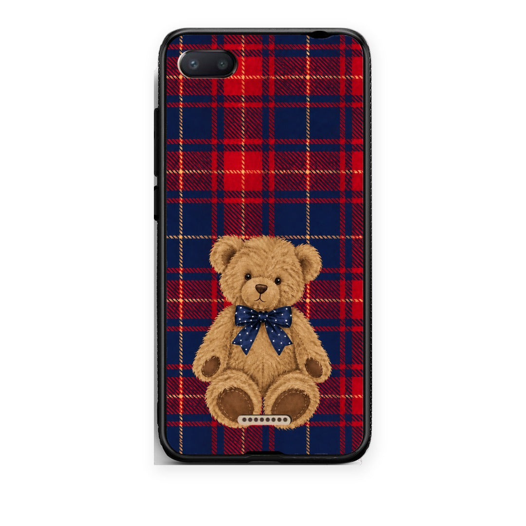 Θήκη Xiaomi Redmi 6A Teddy Bear on Red and Navy Tartan από τη Smartfits με σχέδιο στο πίσω μέρος και μαύρο περίβλημα | Xiaomi Redmi 6A Teddy Bear on Red and Navy Tartan case with colorful back and black bezels
