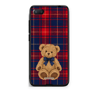 Θήκη Xiaomi Redmi 6A Teddy Bear on Red and Navy Tartan από τη Smartfits με σχέδιο στο πίσω μέρος και μαύρο περίβλημα | Xiaomi Redmi 6A Teddy Bear on Red and Navy Tartan case with colorful back and black bezels
