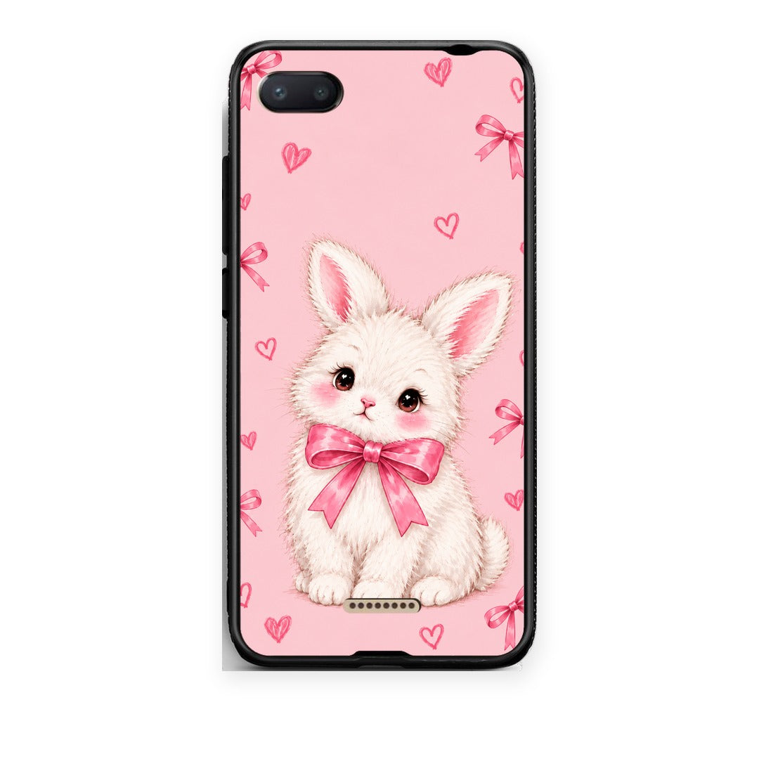 Θήκη Xiaomi Redmi 6A White Bunny and Pink Bows από τη Smartfits με σχέδιο στο πίσω μέρος και μαύρο περίβλημα | Xiaomi Redmi 6A White Bunny and Pink Bows case with colorful back and black bezels
