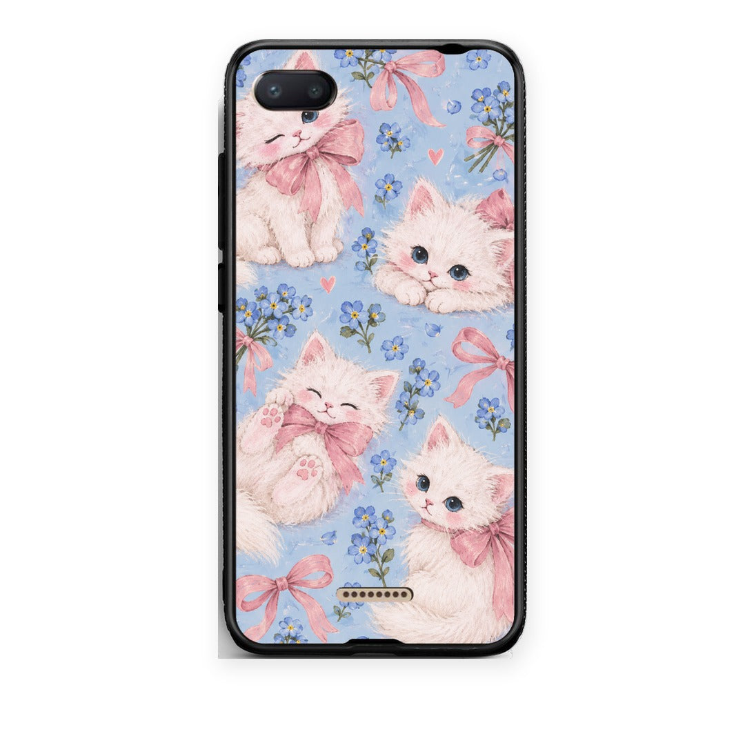 Θήκη Xiaomi Redmi 6A White Kittens and Blue Flowers Large από τη Smartfits με σχέδιο στο πίσω μέρος και μαύρο περίβλημα | Xiaomi Redmi 6A White Kittens and Blue Flowers Large case with colorful back and black bezels