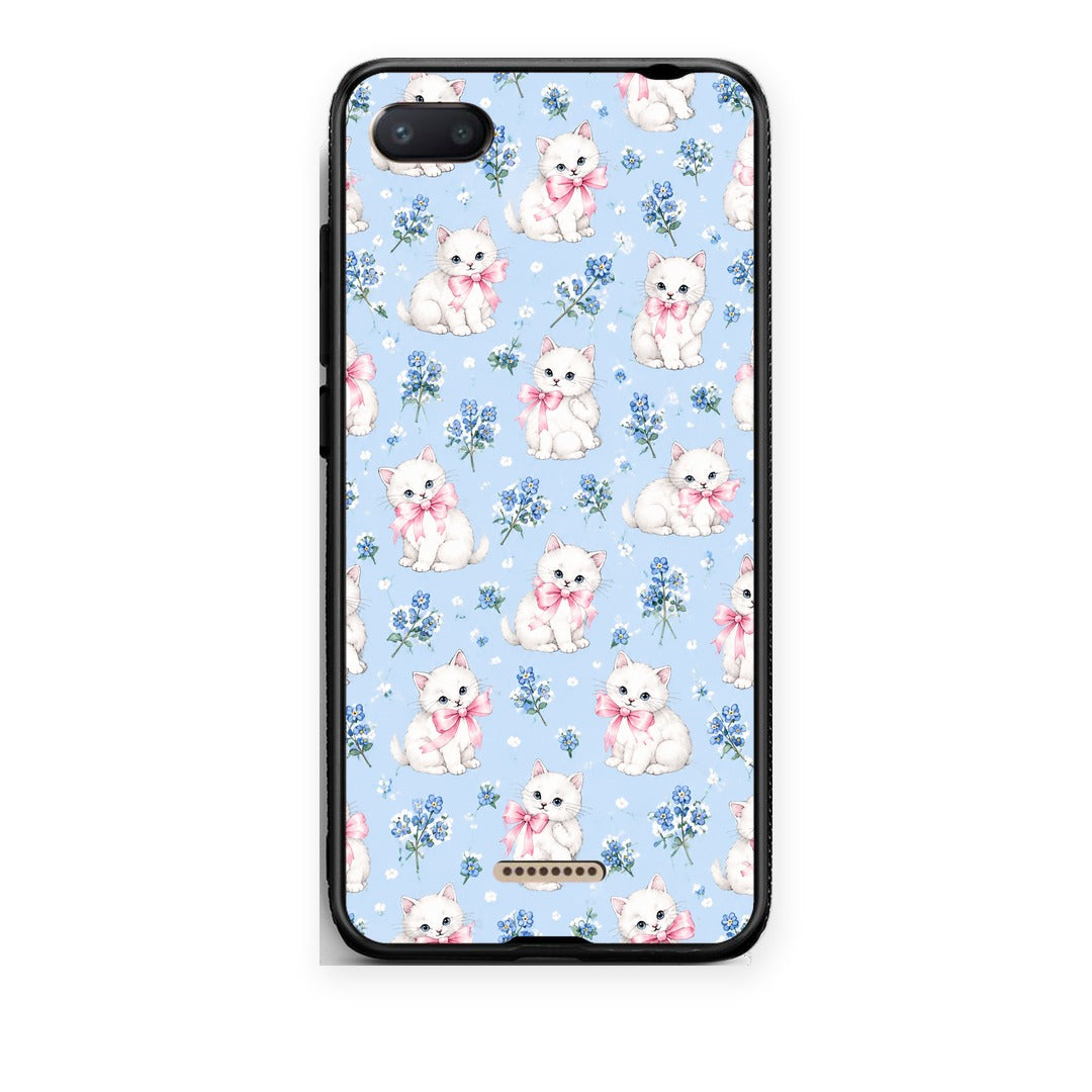 Θήκη Xiaomi Redmi 6A White Kittens and Blue Flowers Small από τη Smartfits με σχέδιο στο πίσω μέρος και μαύρο περίβλημα | Xiaomi Redmi 6A White Kittens and Blue Flowers Small case with colorful back and black bezels