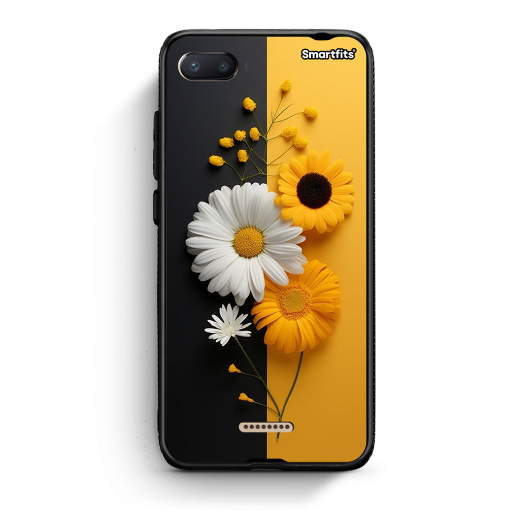 Xiaomi Redmi 6A Yellow Daisies θήκη από τη Smartfits με σχέδιο στο πίσω μέρος και μαύρο περίβλημα | Smartphone case with colorful back and black bezels by Smartfits