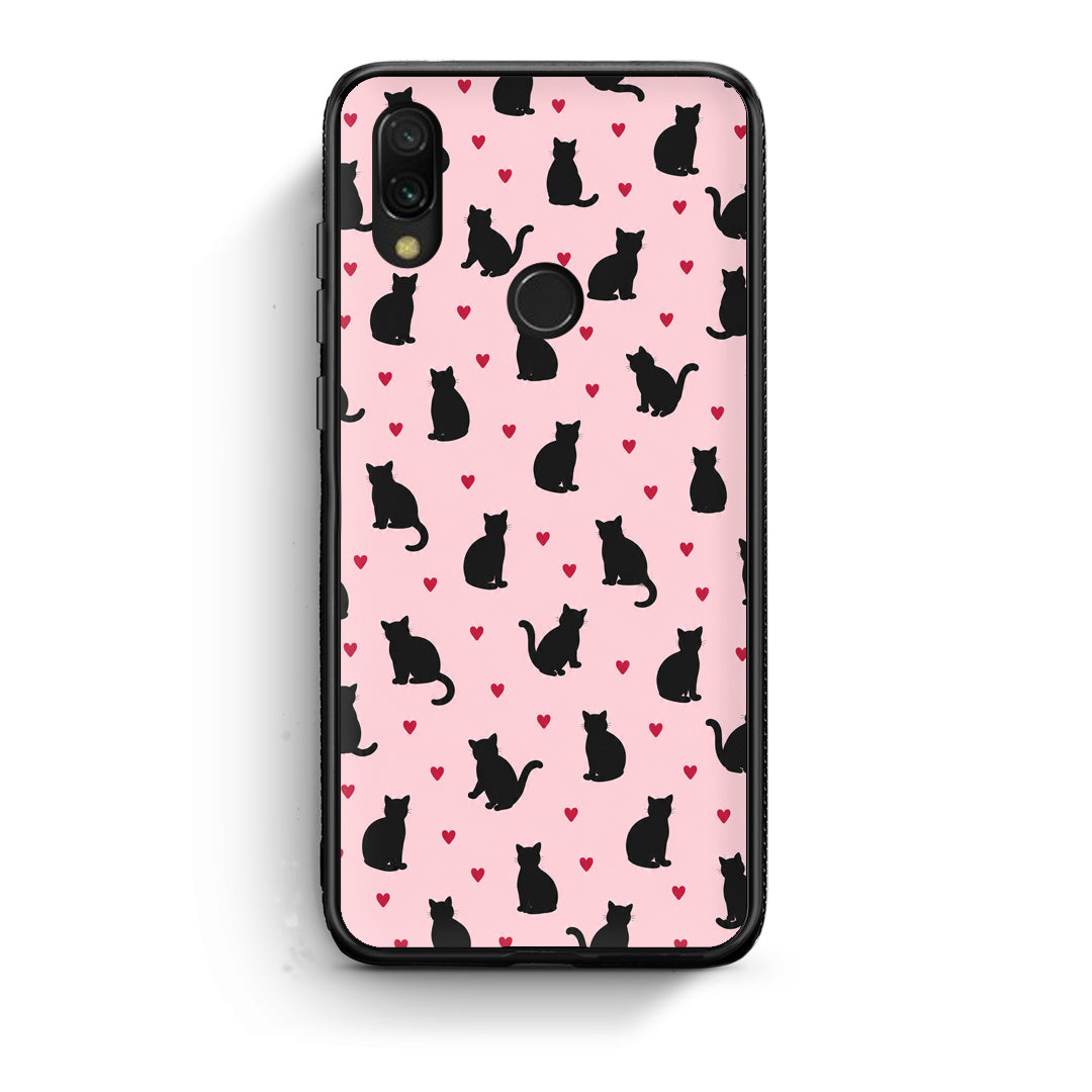 Θήκη Xiaomi Redmi 7 Black Cat Silhouettes and Hearts on Pink από τη Smartfits με σχέδιο στο πίσω μέρος και μαύρο περίβλημα | Xiaomi Redmi 7 Black Cat Silhouettes and Hearts on Pink case with colorful back and black bezels