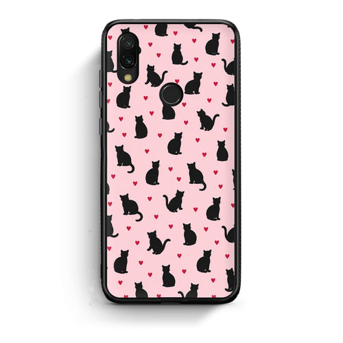 Θήκη Xiaomi Redmi 7 Black Cat Silhouettes and Hearts on Pink από τη Smartfits με σχέδιο στο πίσω μέρος και μαύρο περίβλημα | Xiaomi Redmi 7 Black Cat Silhouettes and Hearts on Pink case with colorful back and black bezels
