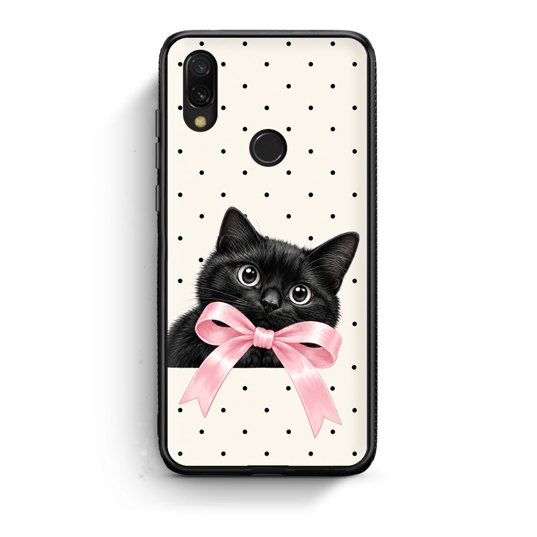 Θήκη Xiaomi Redmi 7 Black Kitten Pink Bow and Polka Dots από τη Smartfits με σχέδιο στο πίσω μέρος και μαύρο περίβλημα | Xiaomi Redmi 7 Black Kitten Pink Bow and Polka Dots case with colorful back and black bezels