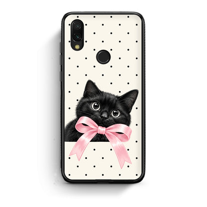 Θήκη Xiaomi Redmi 7 Black Kitten Pink Bow and Polka Dots από τη Smartfits με σχέδιο στο πίσω μέρος και μαύρο περίβλημα | Xiaomi Redmi 7 Black Kitten Pink Bow and Polka Dots case with colorful back and black bezels