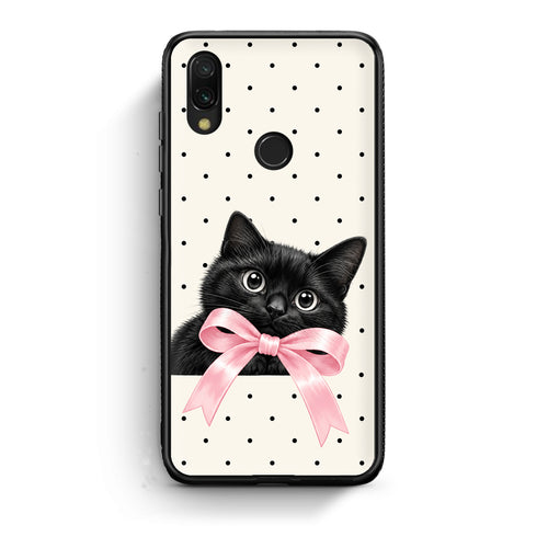 Θήκη Xiaomi Redmi 7 Black Kitten Pink Bow and Polka Dots από τη Smartfits με σχέδιο στο πίσω μέρος και μαύρο περίβλημα | Xiaomi Redmi 7 Black Kitten Pink Bow and Polka Dots case with colorful back and black bezels
