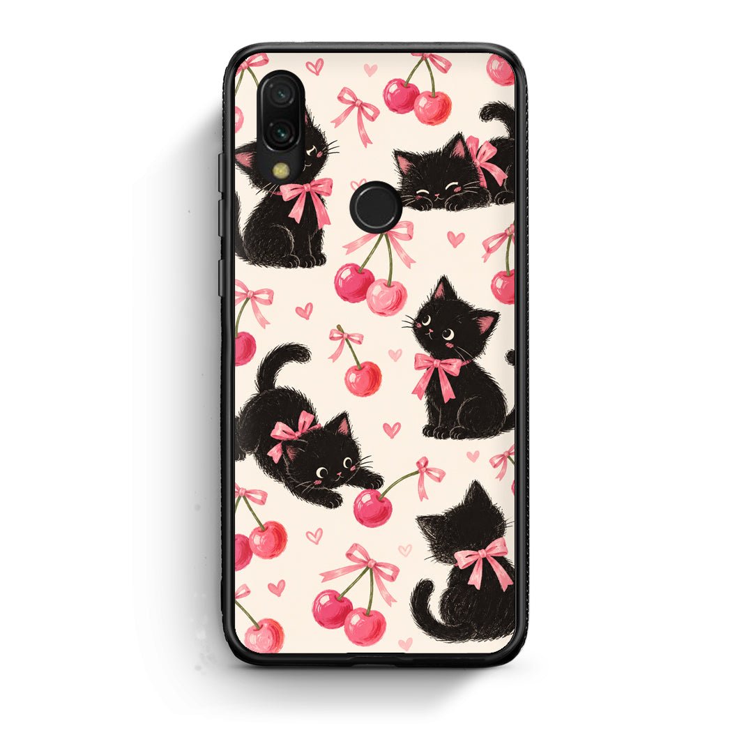 Θήκη Xiaomi Redmi 7 Black Kittens and Cherries on Cream από τη Smartfits με σχέδιο στο πίσω μέρος και μαύρο περίβλημα | Xiaomi Redmi 7 Black Kittens and Cherries on Cream case with colorful back and black bezels