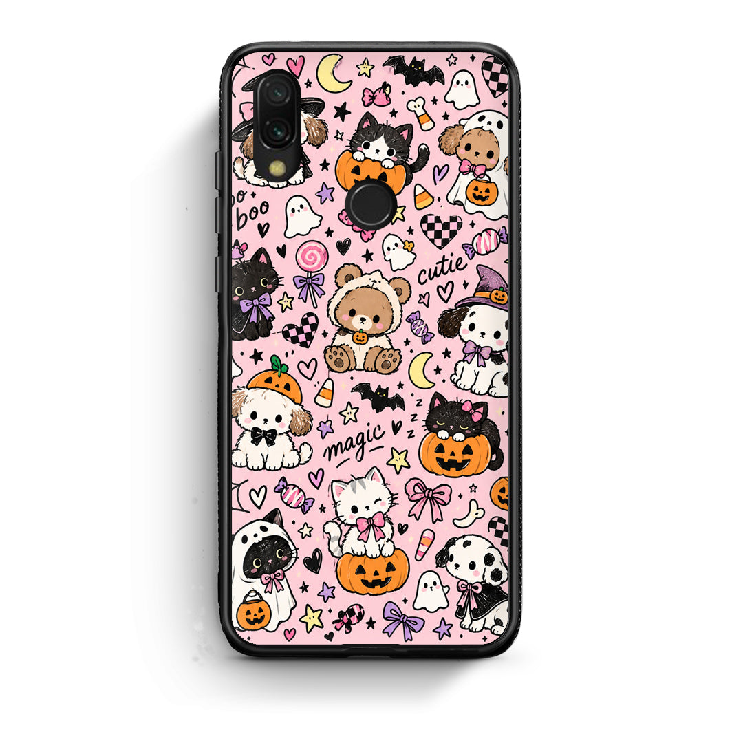 Θήκη Xiaomi Redmi 7 Halloween Cute Animals on Pink από τη Smartfits με σχέδιο στο πίσω μέρος και μαύρο περίβλημα | Xiaomi Redmi 7 Halloween Cute Animals on Pink case with colorful back and black bezels