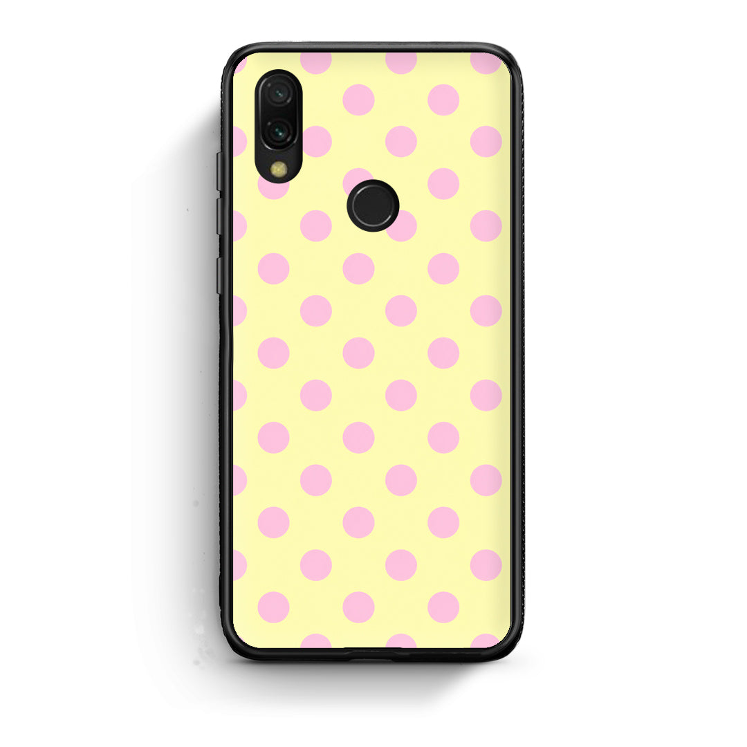 Θήκη Xiaomi Redmi 7 Pink Polka Dots on Yellow από τη Smartfits με σχέδιο στο πίσω μέρος και μαύρο περίβλημα | Xiaomi Redmi 7 Pink Polka Dots on Yellow case with colorful back and black bezels