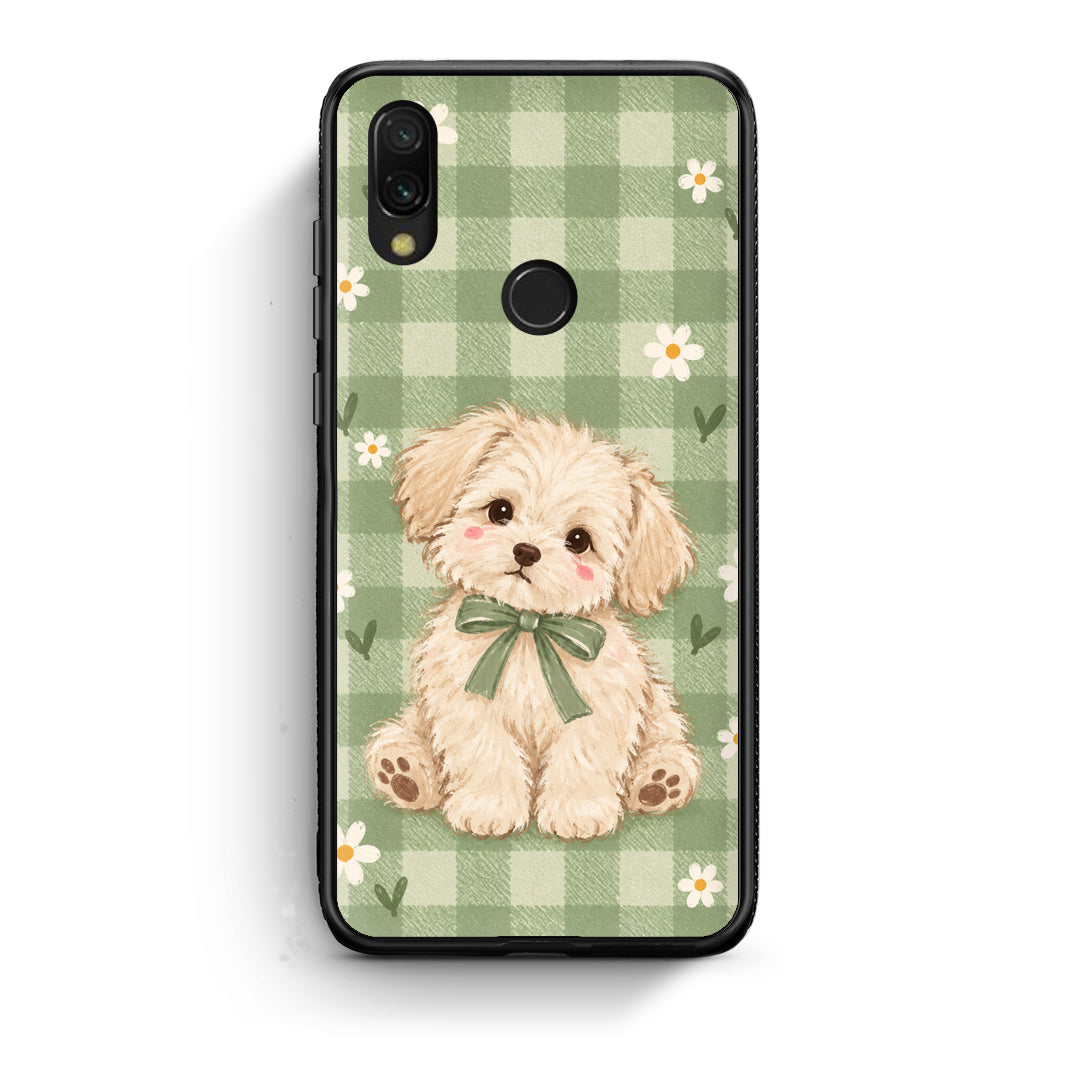 Θήκη Xiaomi Redmi 7 Puppy and Daisies on Sage Gingham από τη Smartfits με σχέδιο στο πίσω μέρος και μαύρο περίβλημα | Xiaomi Redmi 7 Puppy and Daisies on Sage Gingham case with colorful back and black bezels