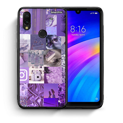 Θήκη Xiaomi Redmi 7 Purple Aesthetic Collage από τη Smartfits με σχέδιο στο πίσω μέρος και μαύρο περίβλημα | Xiaomi Redmi 7 Purple Aesthetic Collage case with colorful back and black bezels