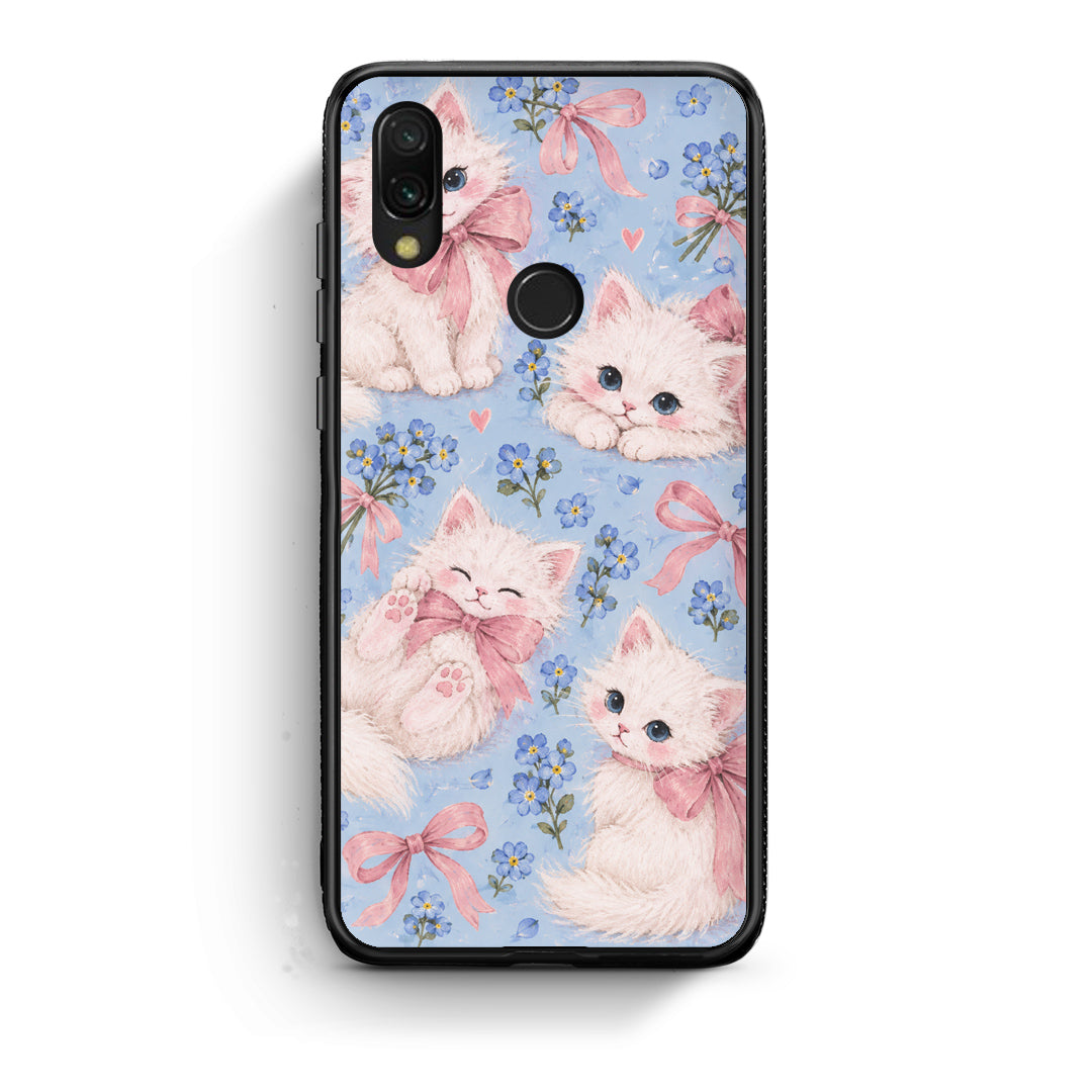 Θήκη Xiaomi Redmi 7 White Kittens and Blue Flowers Large από τη Smartfits με σχέδιο στο πίσω μέρος και μαύρο περίβλημα | Xiaomi Redmi 7 White Kittens and Blue Flowers Large case with colorful back and black bezels
