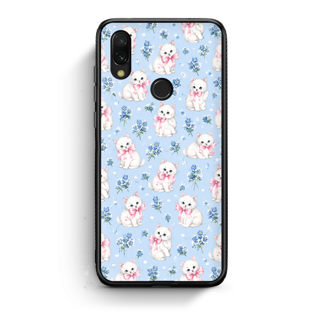 Θήκη Xiaomi Redmi 7 White Kittens and Blue Flowers Small από τη Smartfits με σχέδιο στο πίσω μέρος και μαύρο περίβλημα | Xiaomi Redmi 7 White Kittens and Blue Flowers Small case with colorful back and black bezels