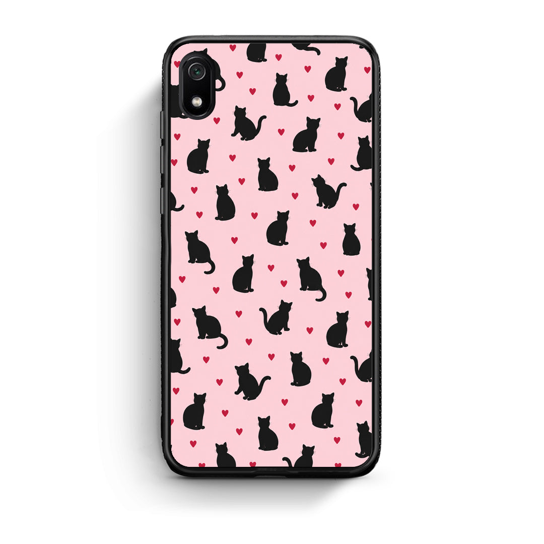 Θήκη Xiaomi Redmi 7A Black Cat Silhouettes and Hearts on Pink από τη Smartfits με σχέδιο στο πίσω μέρος και μαύρο περίβλημα | Xiaomi Redmi 7A Black Cat Silhouettes and Hearts on Pink case with colorful back and black bezels