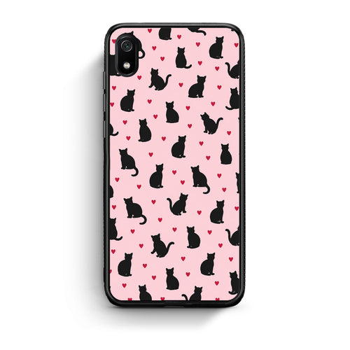 Θήκη Xiaomi Redmi 7A Black Cat Silhouettes and Hearts on Pink από τη Smartfits με σχέδιο στο πίσω μέρος και μαύρο περίβλημα | Xiaomi Redmi 7A Black Cat Silhouettes and Hearts on Pink case with colorful back and black bezels