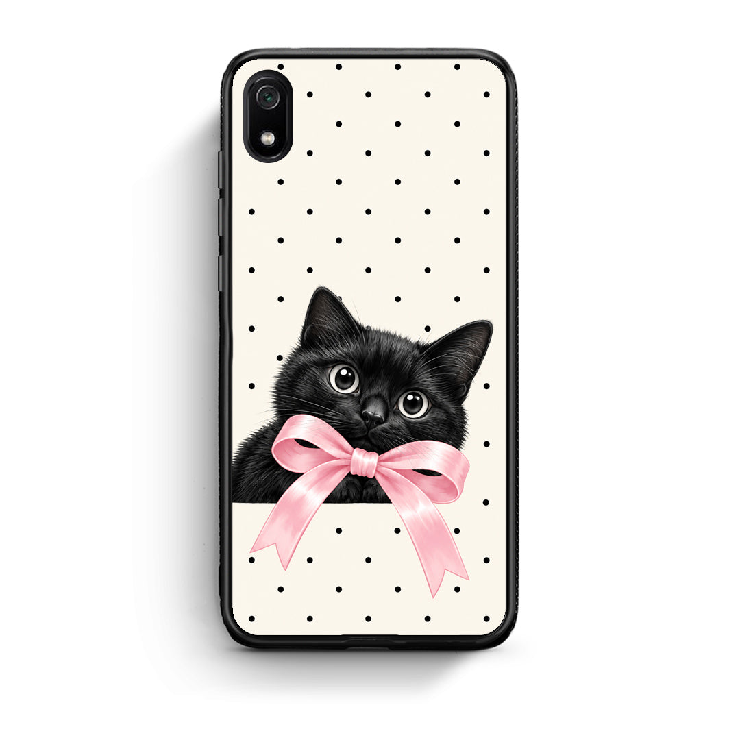 Θήκη Xiaomi Redmi 7A Black Kitten Pink Bow and Polka Dots από τη Smartfits με σχέδιο στο πίσω μέρος και μαύρο περίβλημα | Xiaomi Redmi 7A Black Kitten Pink Bow and Polka Dots case with colorful back and black bezels