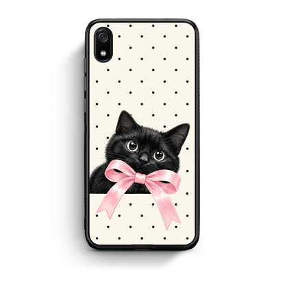 Θήκη Xiaomi Redmi 7A Black Kitten Pink Bow and Polka Dots από τη Smartfits με σχέδιο στο πίσω μέρος και μαύρο περίβλημα | Xiaomi Redmi 7A Black Kitten Pink Bow and Polka Dots case with colorful back and black bezels