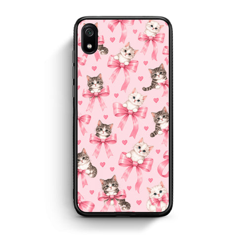 Θήκη Xiaomi Redmi 7A Kittens and Pink Bows on Pink από τη Smartfits με σχέδιο στο πίσω μέρος και μαύρο περίβλημα | Xiaomi Redmi 7A Kittens and Pink Bows on Pink case with colorful back and black bezels