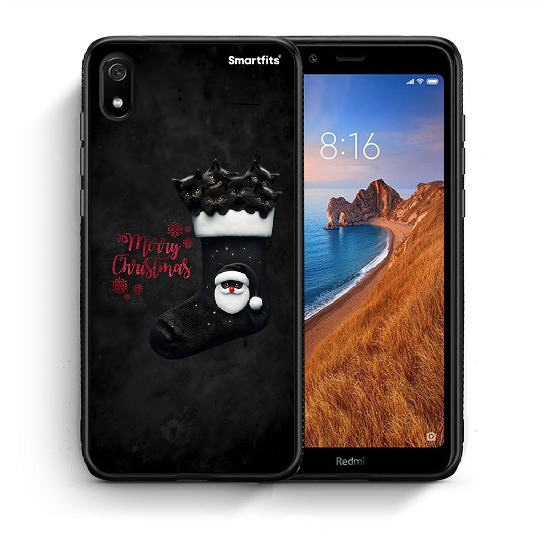 Θήκη Xiaomi Redmi 7A Merry Cat Christmas από τη Smartfits με σχέδιο στο πίσω μέρος και μαύρο περίβλημα | Xiaomi Redmi 7A Merry Cat Christmas case with colorful back and black bezels