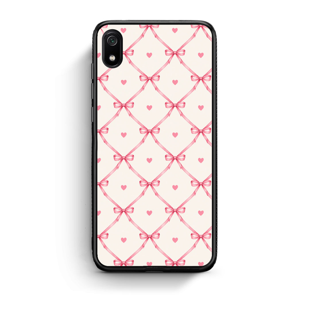 Θήκη Xiaomi Redmi 7A Pink Bow Lattice and Hearts on Cream από τη Smartfits με σχέδιο στο πίσω μέρος και μαύρο περίβλημα | Xiaomi Redmi 7A Pink Bow Lattice and Hearts on Cream case with colorful back and black bezels