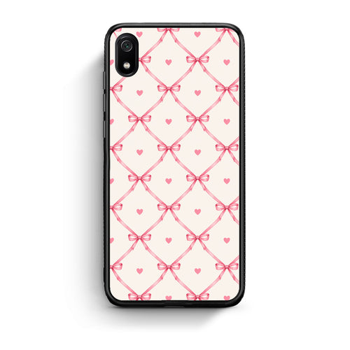 Θήκη Xiaomi Redmi 7A Pink Bow Lattice and Hearts on Cream από τη Smartfits με σχέδιο στο πίσω μέρος και μαύρο περίβλημα | Xiaomi Redmi 7A Pink Bow Lattice and Hearts on Cream case with colorful back and black bezels