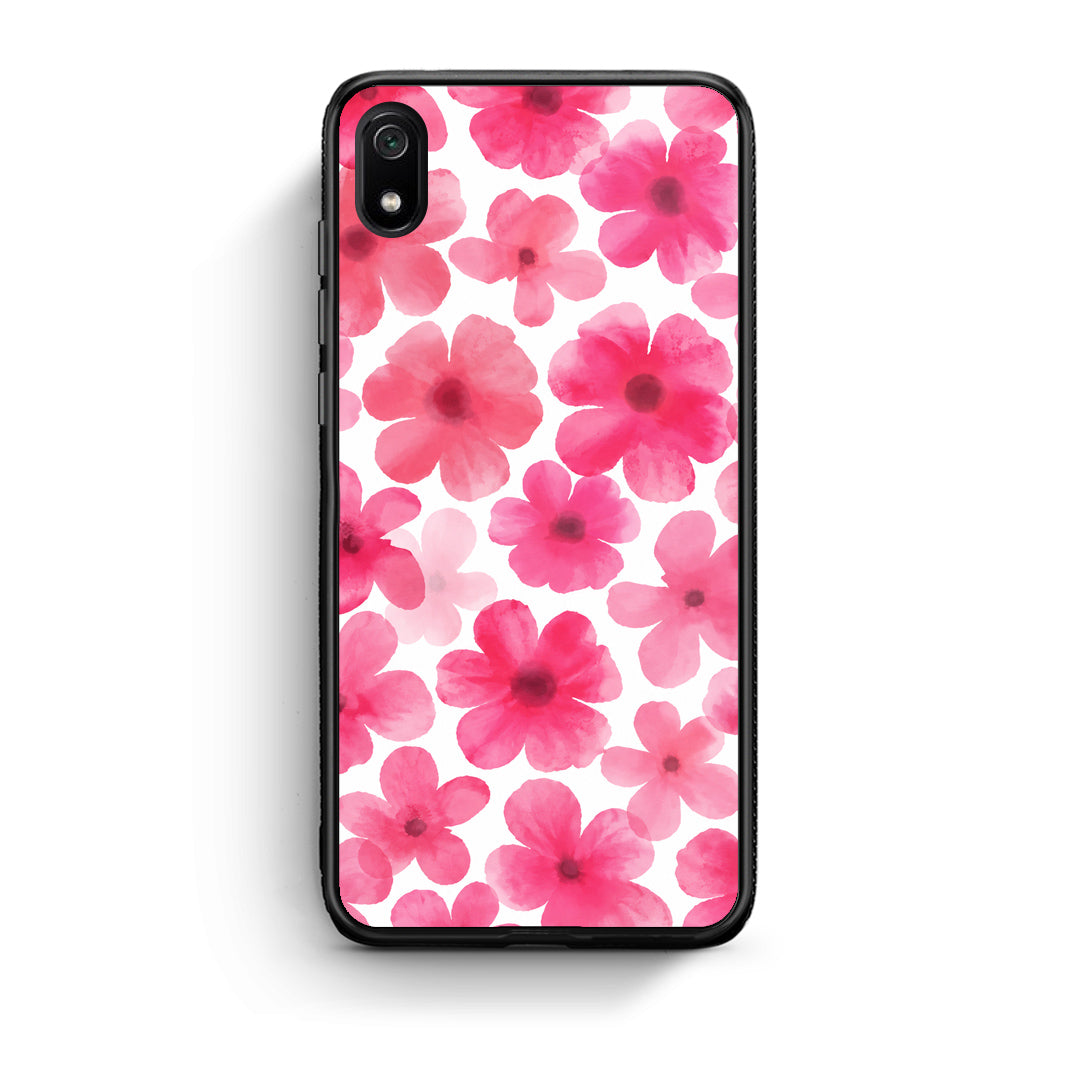 Θήκη Xiaomi Redmi 7A Pink Watercolour Flowers on White από τη Smartfits με σχέδιο στο πίσω μέρος και μαύρο περίβλημα | Xiaomi Redmi 7A Pink Watercolour Flowers on White case with colorful back and black bezels