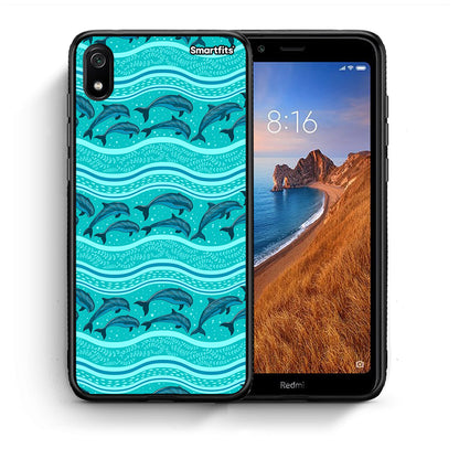 Θήκη Xiaomi Redmi 7A Swimming Dolphins από τη Smartfits με σχέδιο στο πίσω μέρος και μαύρο περίβλημα | Xiaomi Redmi 7A Swimming Dolphins case with colorful back and black bezels
