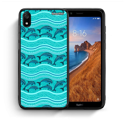 Θήκη Xiaomi Redmi 7A Swimming Dolphins από τη Smartfits με σχέδιο στο πίσω μέρος και μαύρο περίβλημα | Xiaomi Redmi 7A Swimming Dolphins case with colorful back and black bezels