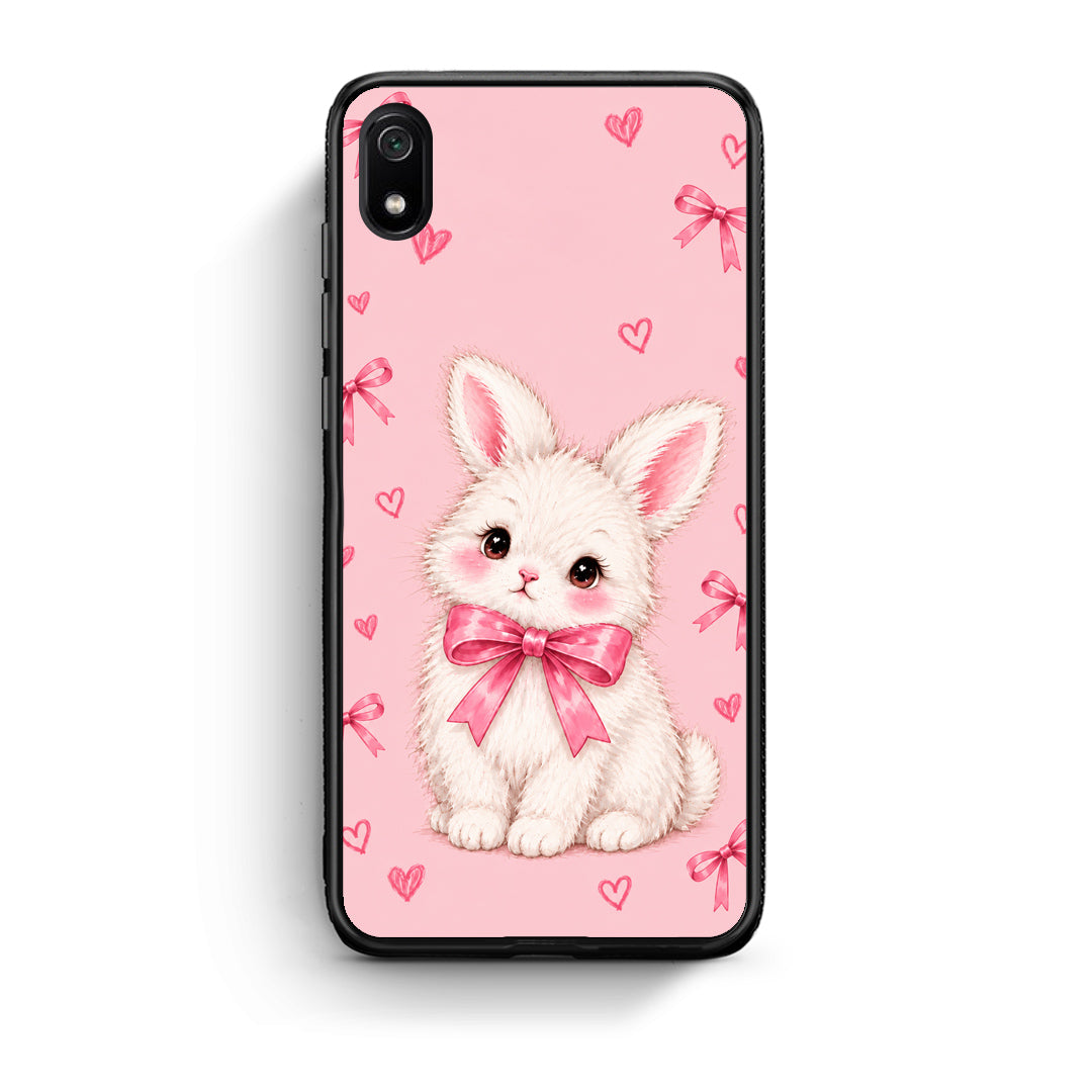 Θήκη Xiaomi Redmi 7A White Bunny and Pink Bows από τη Smartfits με σχέδιο στο πίσω μέρος και μαύρο περίβλημα | Xiaomi Redmi 7A White Bunny and Pink Bows case with colorful back and black bezels