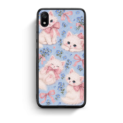 Θήκη Xiaomi Redmi 7A White Kittens and Blue Flowers Large από τη Smartfits με σχέδιο στο πίσω μέρος και μαύρο περίβλημα | Xiaomi Redmi 7A White Kittens and Blue Flowers Large case with colorful back and black bezels