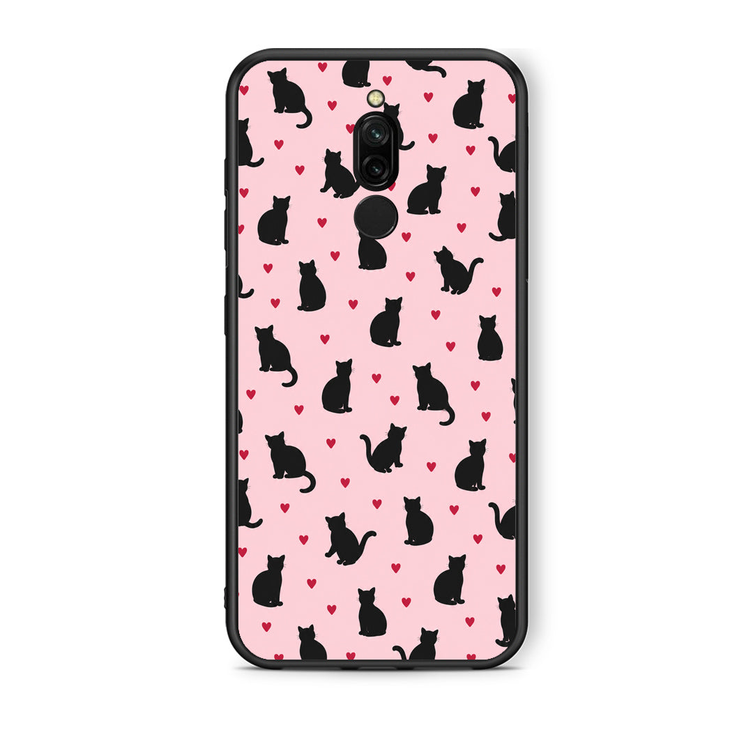 Θήκη Xiaomi Redmi 8 Black Cat Silhouettes and Hearts on Pink από τη Smartfits με σχέδιο στο πίσω μέρος και μαύρο περίβλημα | Xiaomi Redmi 8 Black Cat Silhouettes and Hearts on Pink case with colorful back and black bezels