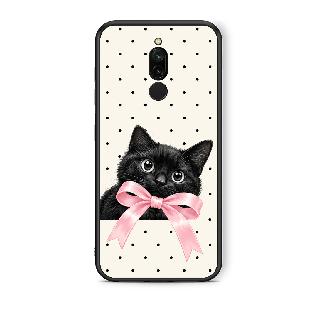 Θήκη Xiaomi Redmi 8 Black Kitten Pink Bow and Polka Dots από τη Smartfits με σχέδιο στο πίσω μέρος και μαύρο περίβλημα | Xiaomi Redmi 8 Black Kitten Pink Bow and Polka Dots case with colorful back and black bezels