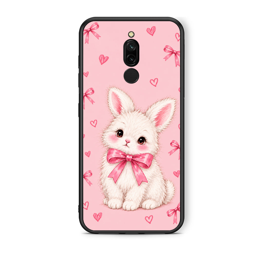 Θήκη Xiaomi Redmi 8 White Bunny and Pink Bows από τη Smartfits με σχέδιο στο πίσω μέρος και μαύρο περίβλημα | Xiaomi Redmi 8 White Bunny and Pink Bows case with colorful back and black bezels