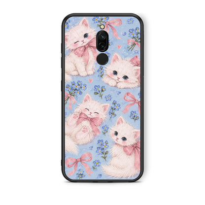 Θήκη Xiaomi Redmi 8 White Kittens and Blue Flowers Large από τη Smartfits με σχέδιο στο πίσω μέρος και μαύρο περίβλημα | Xiaomi Redmi 8 White Kittens and Blue Flowers Large case with colorful back and black bezels