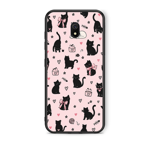 Θήκη Xiaomi Redmi 8A Black Cat Doodles on Pink από τη Smartfits με σχέδιο στο πίσω μέρος και μαύρο περίβλημα | Xiaomi Redmi 8A Black Cat Doodles on Pink case with colorful back and black bezels