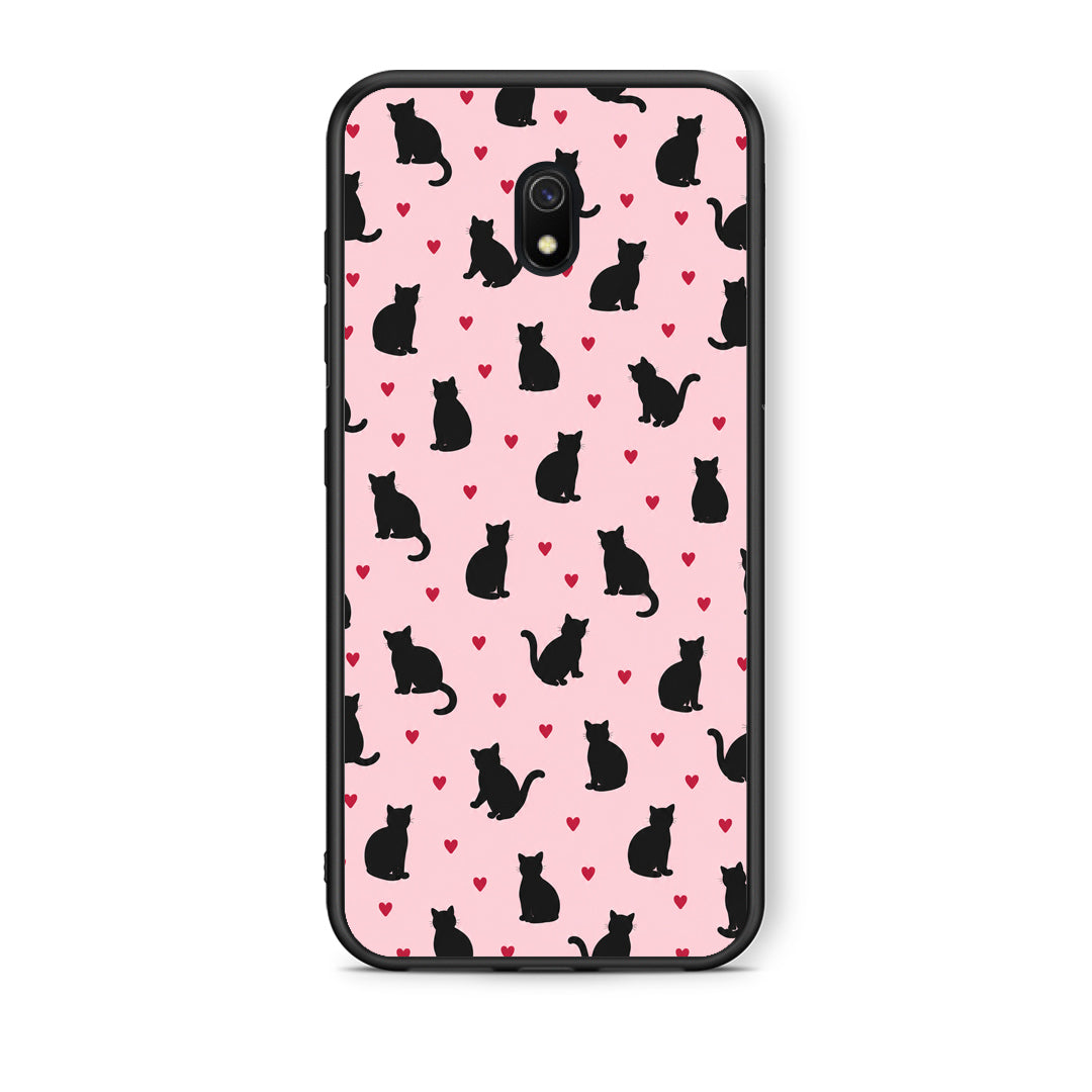 Θήκη Xiaomi Redmi 8A Black Cat Silhouettes and Hearts on Pink από τη Smartfits με σχέδιο στο πίσω μέρος και μαύρο περίβλημα | Xiaomi Redmi 8A Black Cat Silhouettes and Hearts on Pink case with colorful back and black bezels