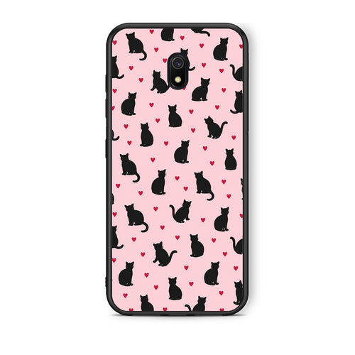 Θήκη Xiaomi Redmi 8A Black Cat Silhouettes and Hearts on Pink από τη Smartfits με σχέδιο στο πίσω μέρος και μαύρο περίβλημα | Xiaomi Redmi 8A Black Cat Silhouettes and Hearts on Pink case with colorful back and black bezels