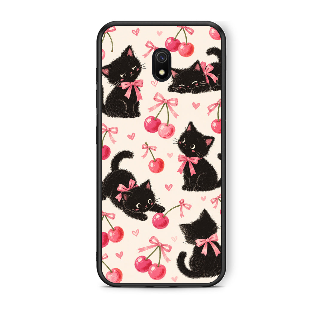 Θήκη Xiaomi Redmi 8A Black Kittens and Cherries on Cream από τη Smartfits με σχέδιο στο πίσω μέρος και μαύρο περίβλημα | Xiaomi Redmi 8A Black Kittens and Cherries on Cream case with colorful back and black bezels
