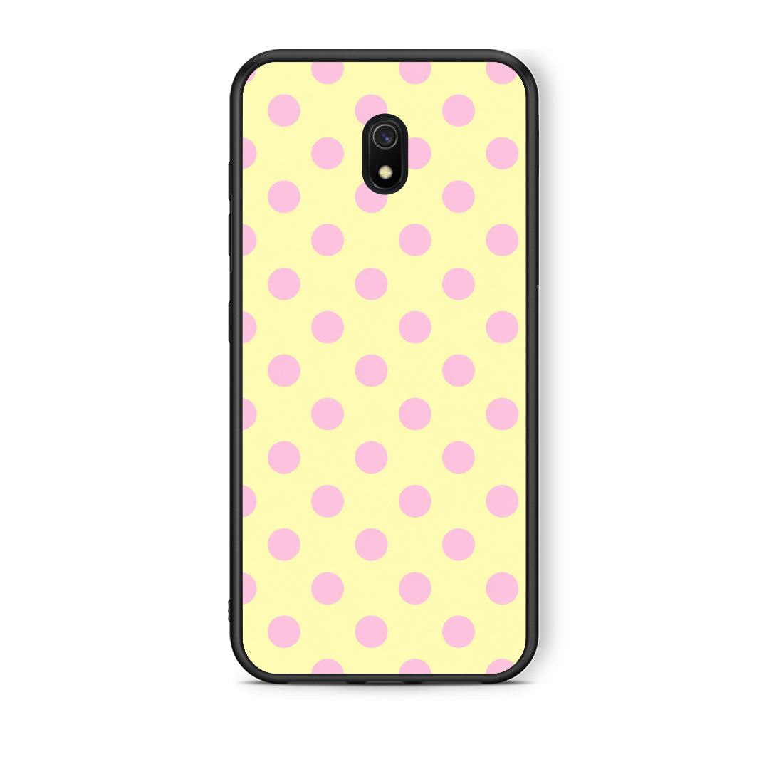 Θήκη Xiaomi Redmi 8A Pink Polka Dots on Yellow από τη Smartfits με σχέδιο στο πίσω μέρος και μαύρο περίβλημα | Xiaomi Redmi 8A Pink Polka Dots on Yellow case with colorful back and black bezels