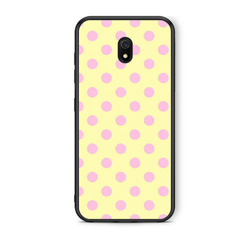Θήκη Xiaomi Redmi 8A Pink Polka Dots on Yellow από τη Smartfits με σχέδιο στο πίσω μέρος και μαύρο περίβλημα | Xiaomi Redmi 8A Pink Polka Dots on Yellow case with colorful back and black bezels