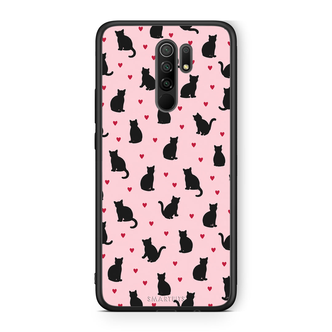 Θήκη Xiaomi Redmi 9 / 9 Prime Black Cat Silhouettes and Hearts on Pink από τη Smartfits με σχέδιο στο πίσω μέρος και μαύρο περίβλημα | Xiaomi Redmi 9 / 9 Prime Black Cat Silhouettes and Hearts on Pink case with colorful back and black bezels