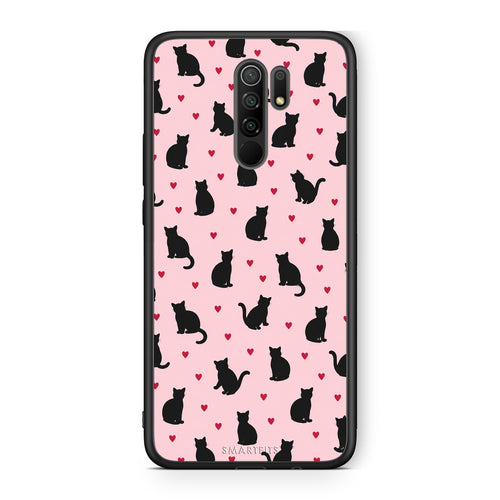 Θήκη Xiaomi Redmi 9 / 9 Prime Black Cat Silhouettes and Hearts on Pink από τη Smartfits με σχέδιο στο πίσω μέρος και μαύρο περίβλημα | Xiaomi Redmi 9 / 9 Prime Black Cat Silhouettes and Hearts on Pink case with colorful back and black bezels