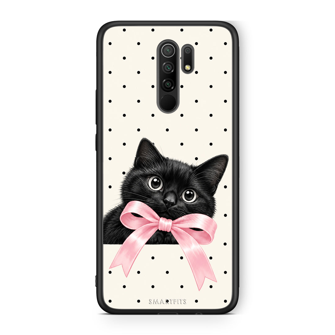 Θήκη Xiaomi Redmi 9 / 9 Prime Black Kitten Pink Bow and Polka Dots από τη Smartfits με σχέδιο στο πίσω μέρος και μαύρο περίβλημα | Xiaomi Redmi 9 / 9 Prime Black Kitten Pink Bow and Polka Dots case with colorful back and black bezels