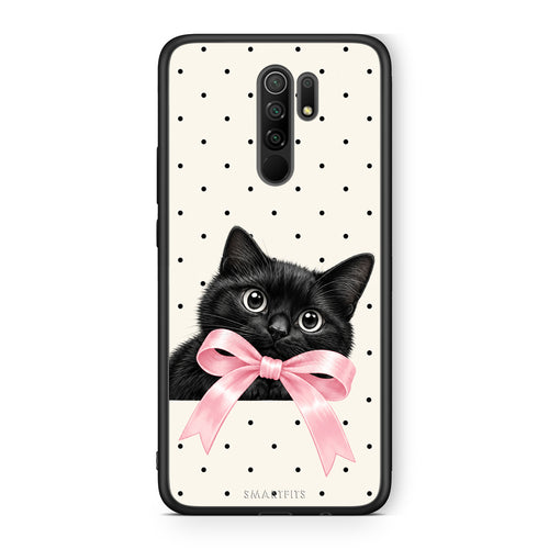 Θήκη Xiaomi Redmi 9 / 9 Prime Black Kitten Pink Bow and Polka Dots από τη Smartfits με σχέδιο στο πίσω μέρος και μαύρο περίβλημα | Xiaomi Redmi 9 / 9 Prime Black Kitten Pink Bow and Polka Dots case with colorful back and black bezels
