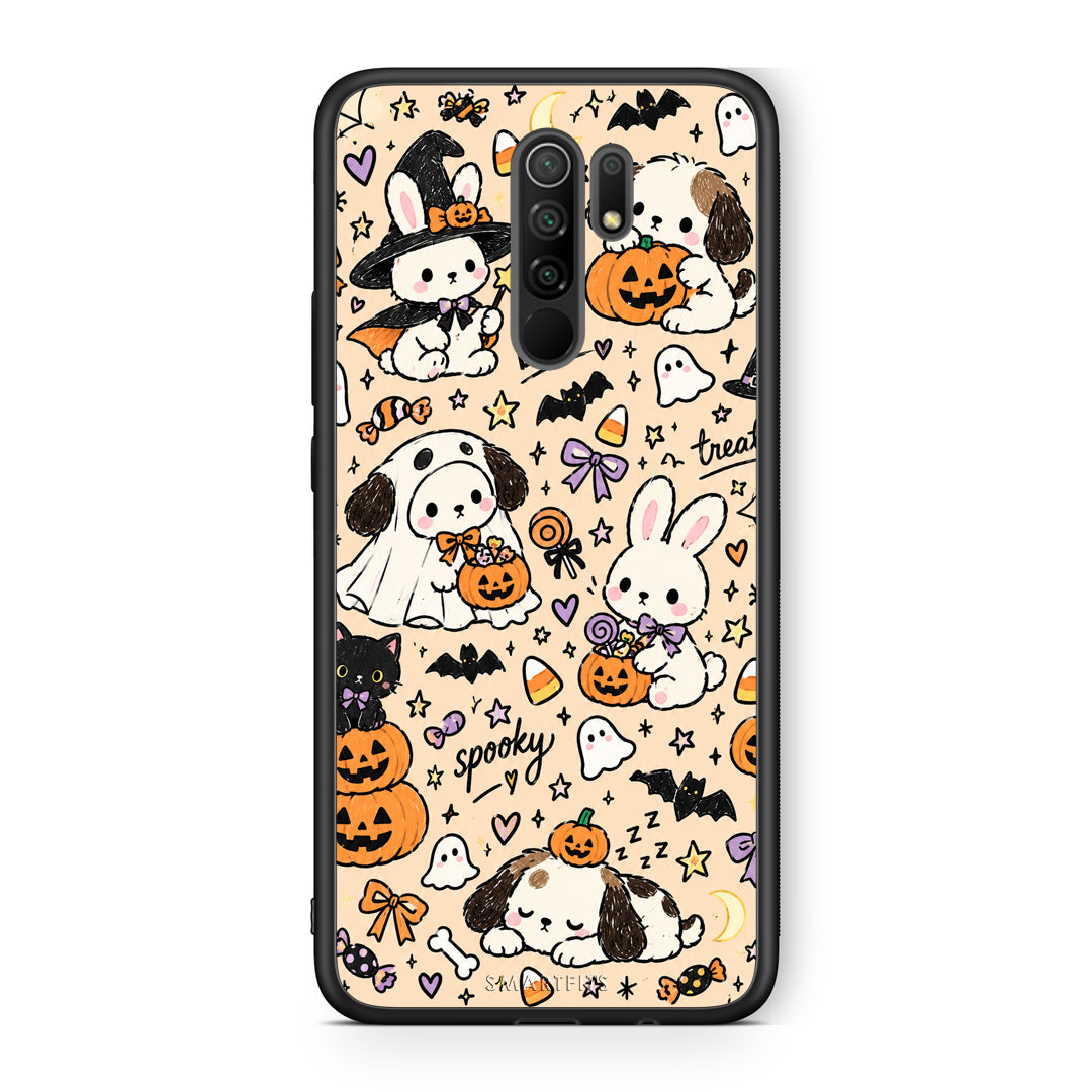 Θήκη Xiaomi Redmi 9 / 9 Prime Halloween Puppies and Friends on Cream από τη Smartfits με σχέδιο στο πίσω μέρος και μαύρο περίβλημα | Xiaomi Redmi 9 / 9 Prime Halloween Puppies and Friends on Cream case with colorful back and black bezels